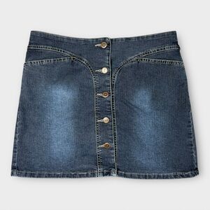 Y2K Mossimo Stretch Denim Mini Skirt Button Front Sz 9 Blue VTG 2000s‎ Dark Wash